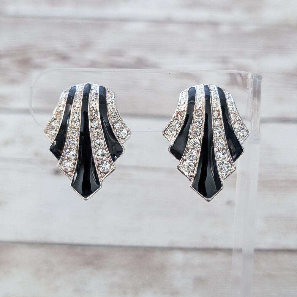 Vintage Clip On Earrings Statement Silver Tone, Black, Clear Gem